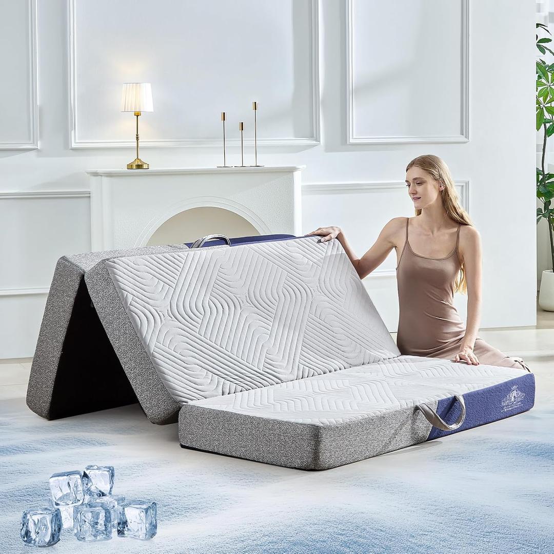 Foldable Mattress Full Size, 6 Inch Cooling Folding Mattress/Topper, Breathable Absorbs Heat Fabric, Washable Trifold Memory Foam Mattress, Portable Floor Bed for Guest, Yoga, Camping