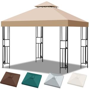 10x10 Canopy Replacement Top, Double Tiered Gazebo Cover with Air Vent Heavy Duty, Waterproof Gazebo Roof with Upgraded 300D Polyester for Outdoor Patio Garden Canopy (Khaki, Flat Edge)