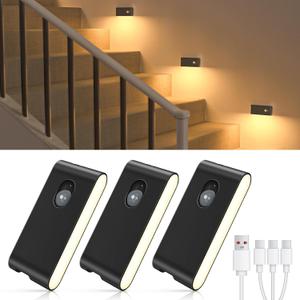 WILLED Rechargeable Night Light, Wireless Stair Lights Indoor, Warm White Motion Sensor Light Indoor, Stick-Anywhere, Battery Powered Night Light for Hallway, Stairway, Bathroom, Bedroom, 3 Pack (Black)