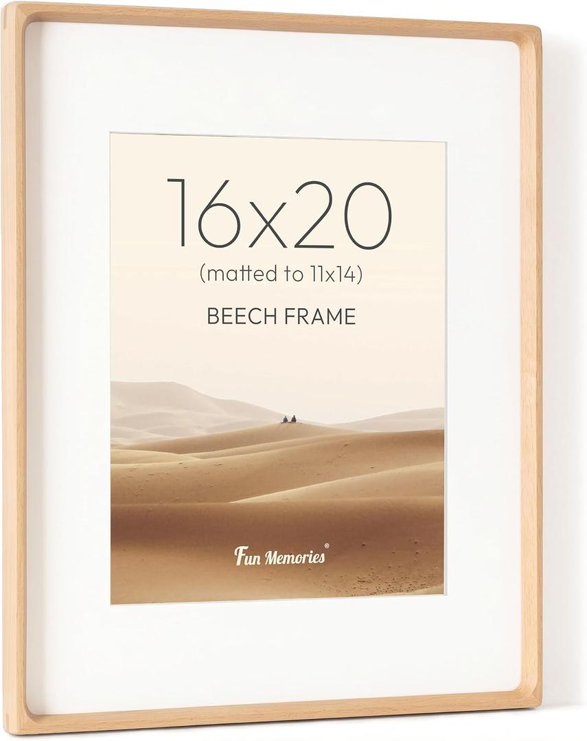 16 x 20 Picture Frame, USA-Sourced Beech Wood Photo Frames with HD Tempered Glass, Handcrafted Rounded Corner 16x20 Wooden Frames Matted to 11x14 Photos, Horizontal or Vertical Wall Display, Beech