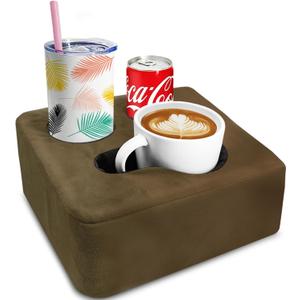 Couch Cup Holder Pillow Tray & Caddy - for Sofa, Bed, Car, Man Cave | Keep Drinks at Hand & Spill-Proof Accessories for New Parents, Camping, Park, Boat, Beach - Brown