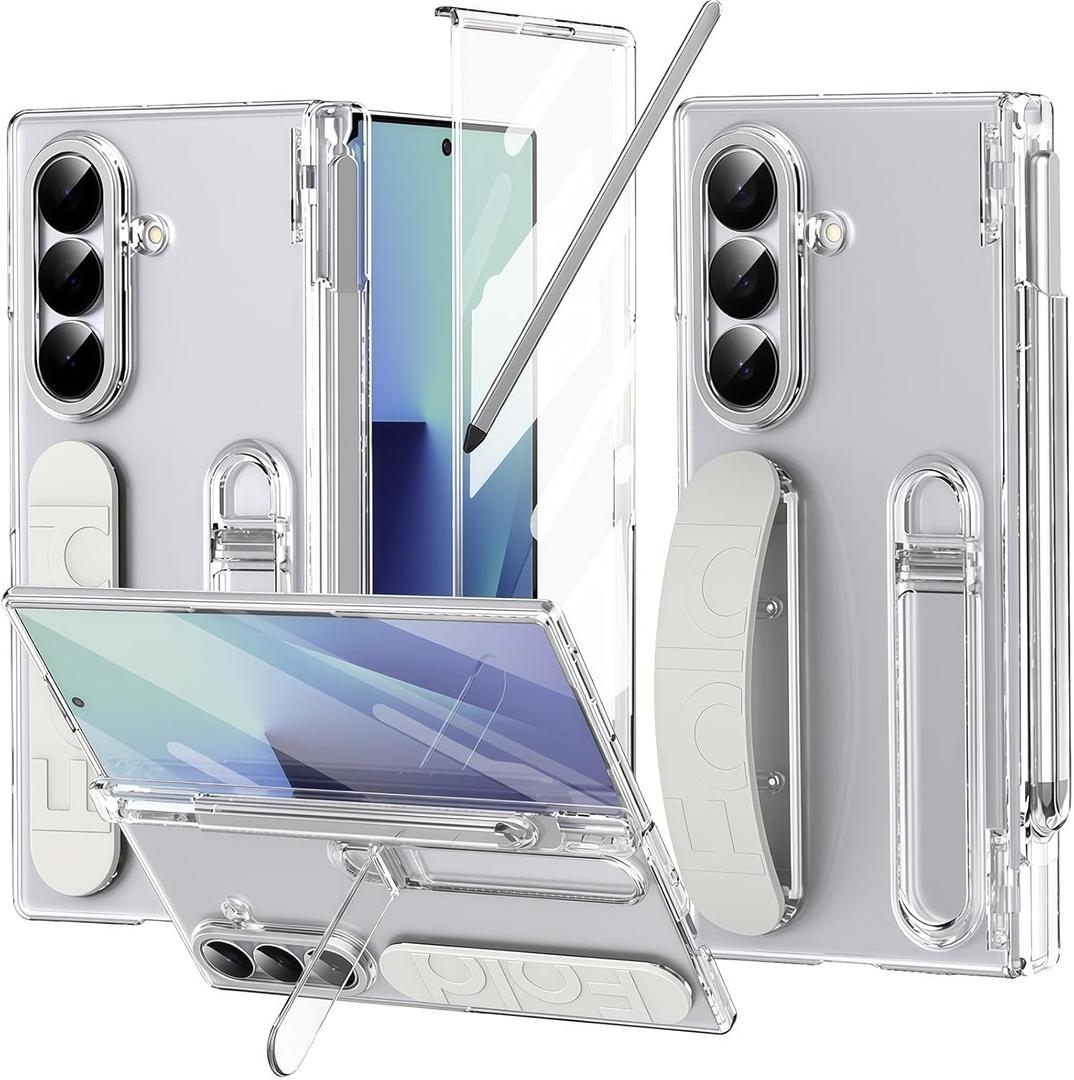 Finger Strap for Samsung Galaxy Z Fold 7 Case with S Pen Holder & Stylus, Z Fold7 Hand Strap Case Kickstand Full Coverage Screen Protector Hinge Protection Wristband Cover for Z Fold 7 Clear