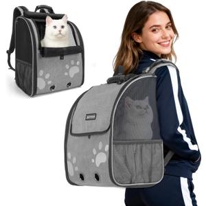 Cat Backpack Carrier with Comfort Handle, Ventilated Cat Backpack with Reflective Strips, with Chest and Shoulder Buckles, Foldable Cat Carrying Backpack for Kitty Small Dog up to 15lbs(Grey).