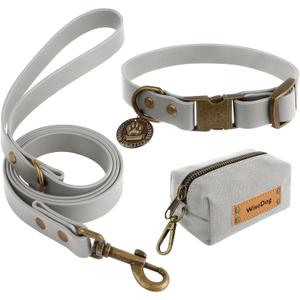 Wisedog Dog Collar and Leash Set, Waterproof Adjustable Puppy Collars with Cute Tag 5FT Dog Leash with Poop Bag for Small Medium Large Dogs (L, Grey)