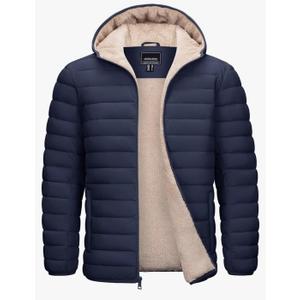 Cotrasen Mens Puffer Jacket Sherpa Lined Water Resistant Hooded Full Zip Mid-Weight Warm Insulated Winter Coat, L