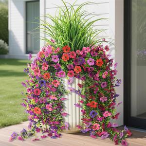 Artificial Hanging Flowers with Wheat Grass for Outdoors, 5 Pcs Fake Hanging Plants for Spring Decor, UV Resistant Faux Silk Flower Greenry for Planter Porch Patio Yard Garden(Mixd Purple Red)