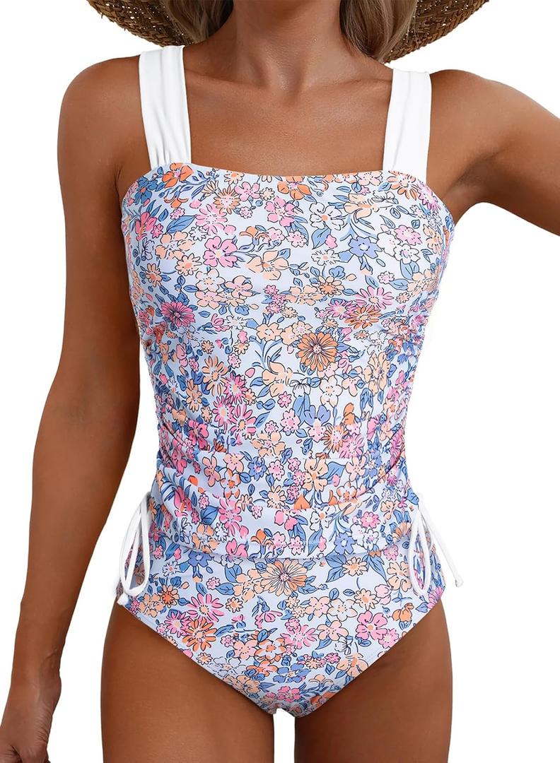 Aleumdr Womens Retro Ruched Two Piece Strappy Tummy Control Swimwear Tie Side Tankini Bathing Suit Set (X-Large, Floral Pink)
