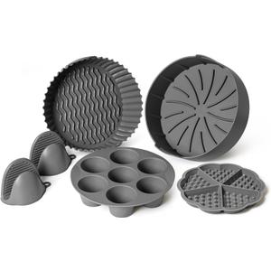 EM Set of 5 Silicone Air Fryer Liners with Egg Bite Mold, Waffle Mold & Mitts - 7.5 Round Reusable Silicone Inserts for 3-5 Qt Airfryers - Easy to Clean & Heat-Resistant Air Fryer Accessories Set