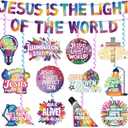 VBS 2026 Decorations Banner Set NO-DIY Jesus is The Light of The World Banner and Christian Hanging Swirls Religious Sunday School Classroom Decor for Vacation Bible School Church Party Supplies