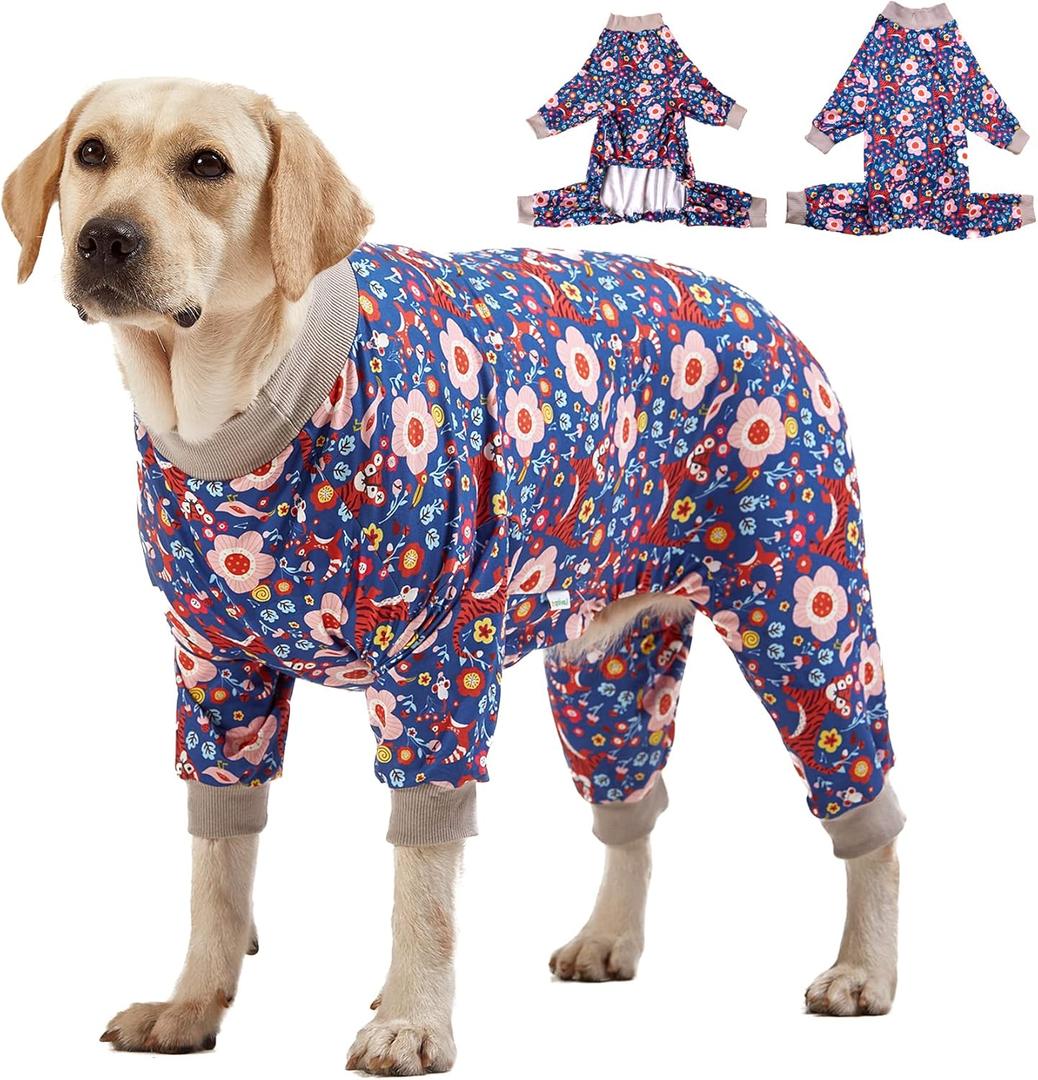 LovinPet Pit Bull Pajamas Large Dogs PJS - Tiger Garden Blue and Pink Print/Lightweight Stretchy Knit Big Dog Pullover Jammies, Large Breed Dog Pajamas, Pet PJ's/XL