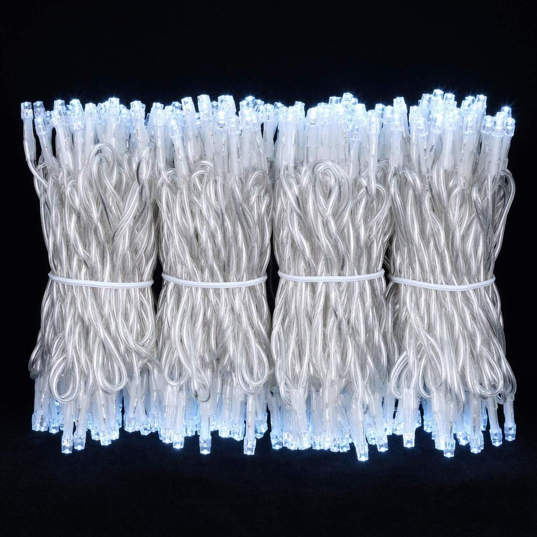 YULETIME 300 Cool White Christmas Lights, 100 ft 8 Modes LED String Light Wide Angle Bulbs, Safe 29V Adapter, Multimode Lighting, Connectable, 100' Total Length, 1-Strand 300 Lights, 4" Spacing