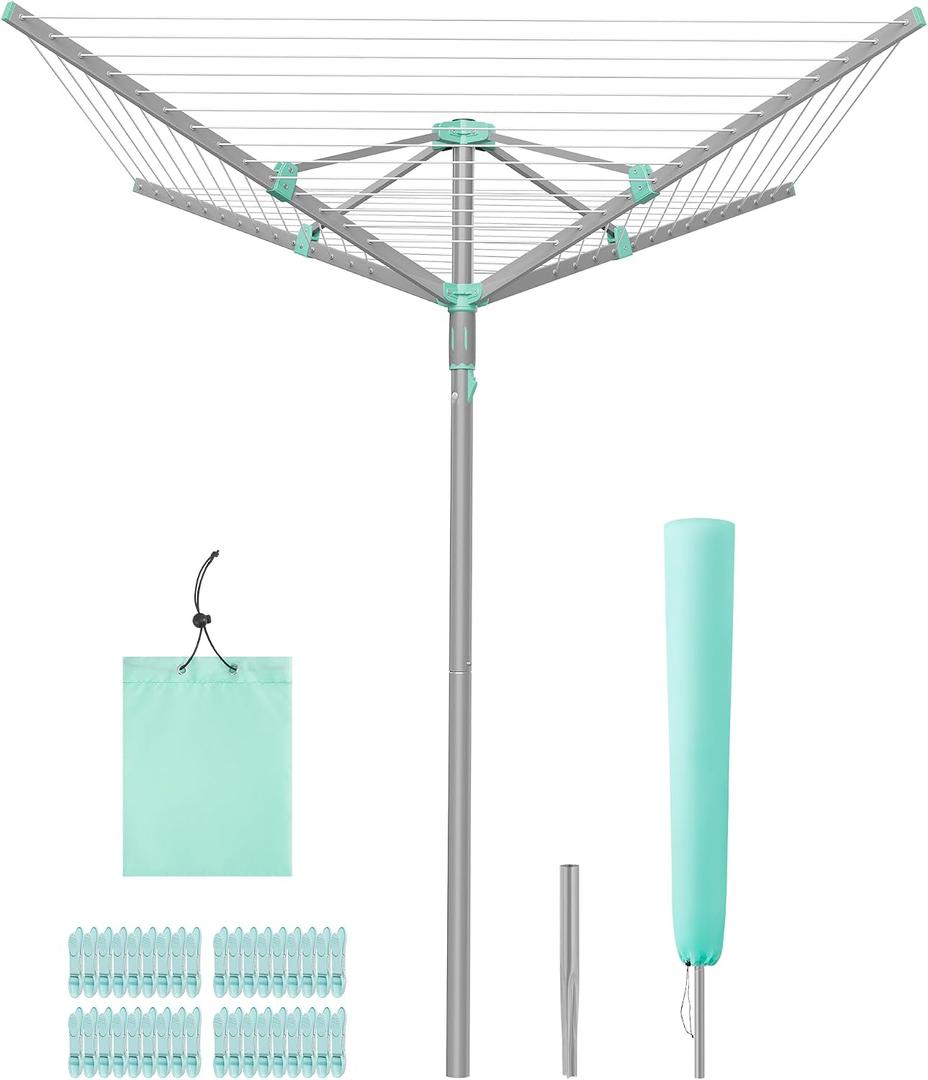 SONGMICS Umbrella Clothesline, Rotary Washing Line, Foldable Heavy-Duty Outdoor Clothes Drying Rack with Clips, Cover, Ground Anchor, 164 ft (50 m) Long for 5 Loads of Laundry, Silver ULLR307EZ01