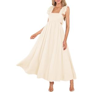 MITILLY Women's Summer Flutter Sleeve Square Neck Tie Back Casual Pleated A-Line Flowy Maxi Dress with Pockets