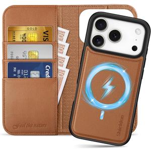 SHIELDON Real Leather Detachable Case Wallet for iPhone 17 Pro 6.3" 2025 | Wireless Charging | RFID Blocking Credit Card Slot | Kickstand | Flip Magnetic | Shockproof Cover | Saddle Brown