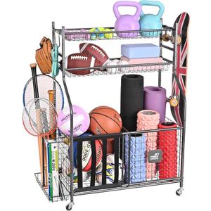 Mythinglogic Garage Sports Equipment Organizer, Baseball Storage Large Capacity, Sports Organizer for Garage with Hooks and Baskets, Ball Storage Rack for Football, Soccer Ball, Bat, Toys