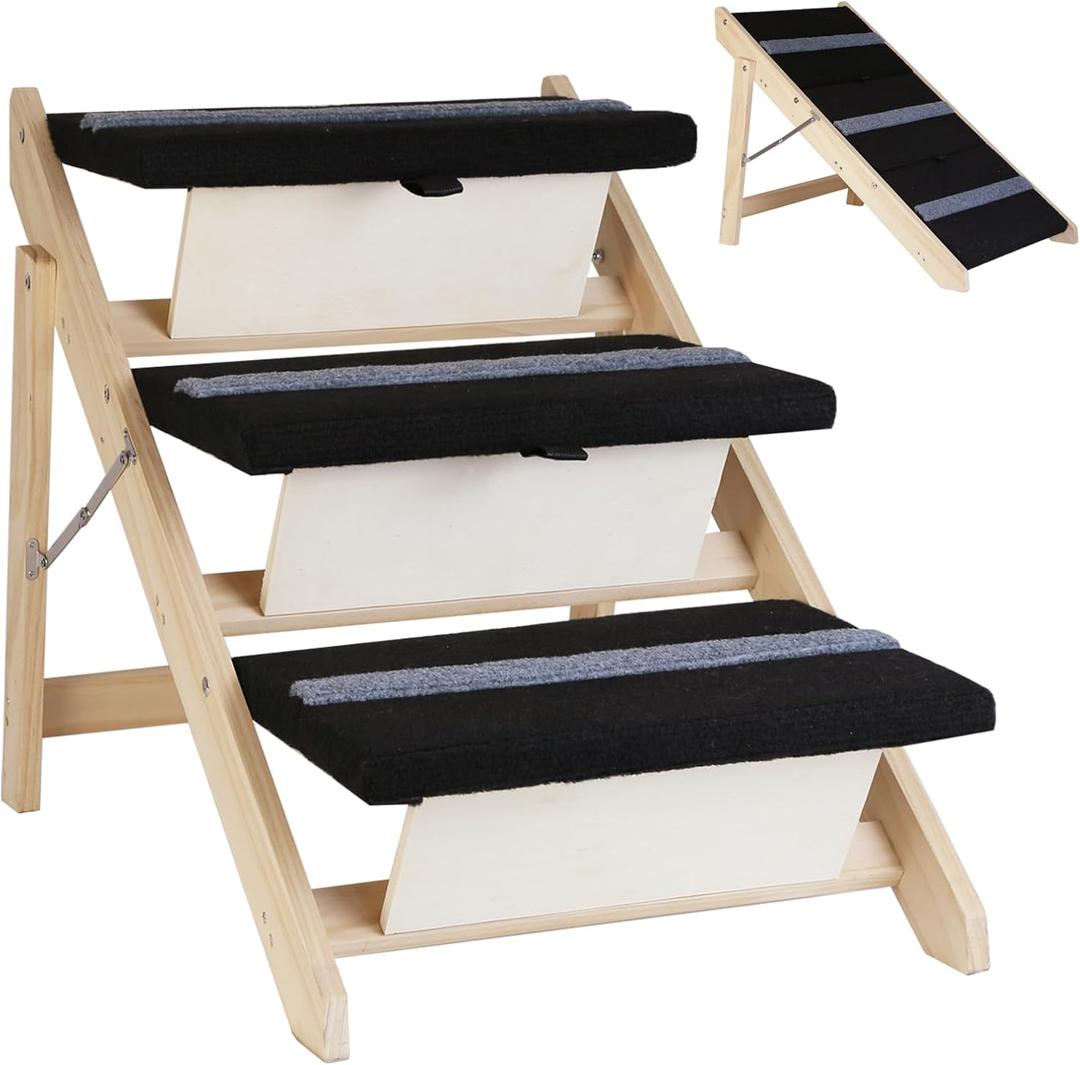 2-in-1 Indoor Pet Ramp, Wooden Folding 3-Tier Pet Stairs with Non-Slip Carpeted Steps, Ramp Perfect for Bed and Couch, Color (Wood)