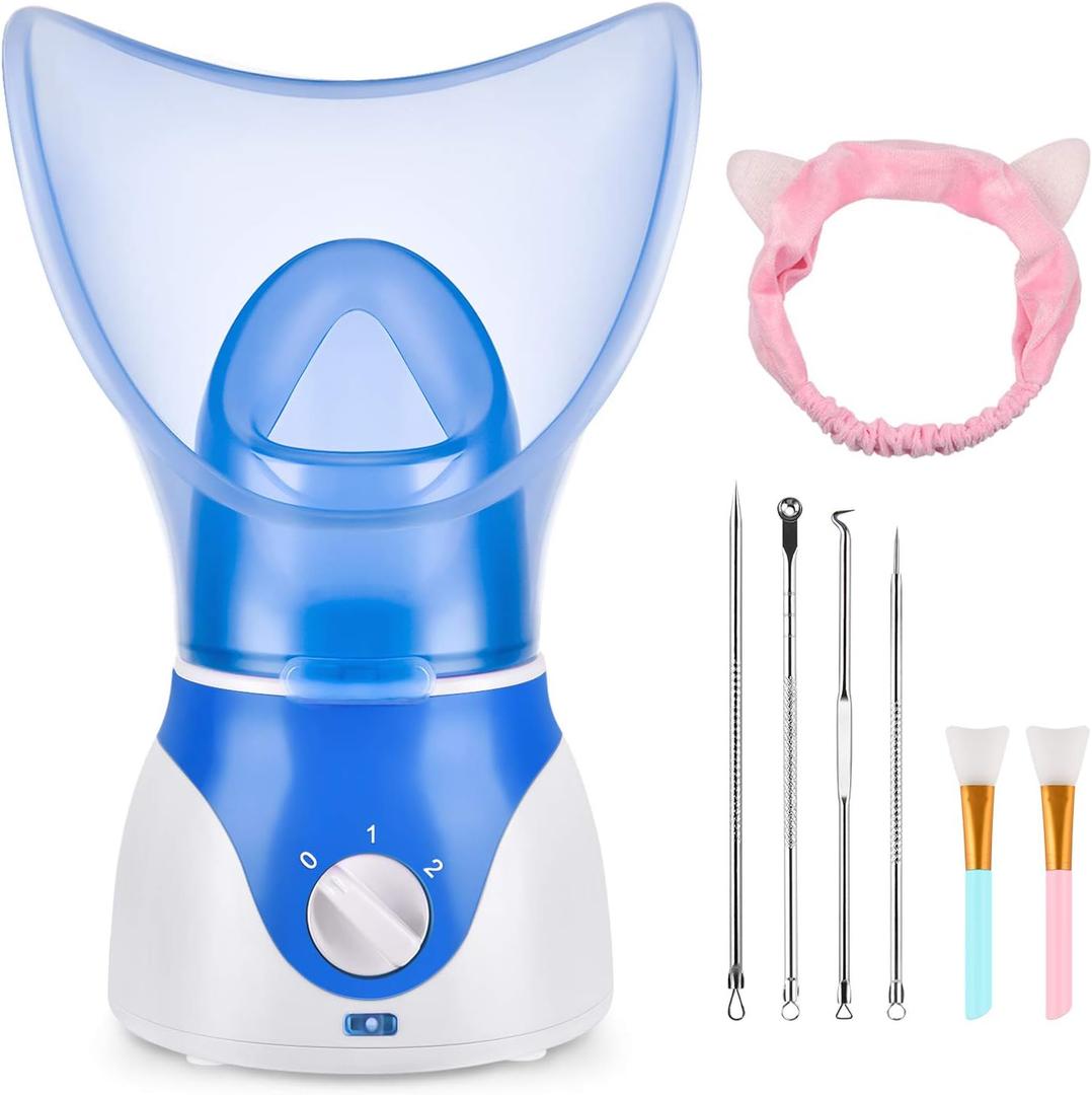 Face Steamer for Facial Deep Cleaning, Facial Steamer for Face, 2 Modes Facial Steamer for Unclogs Pores, Hydrating, Blue(Include Blackhead Remover Kit, Mask Brush, Headband)