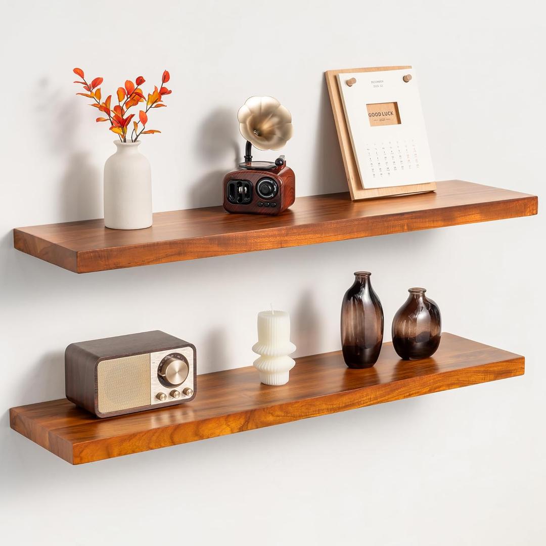 32 Inch Teak Floating Shelves Set of 2 - Solid Natural Wood Wall Mounted Shelves with Invisible Brackets - Heavy Duty Waterproof Storage for Bathroom, Kitchen, Living Room & Outdoor