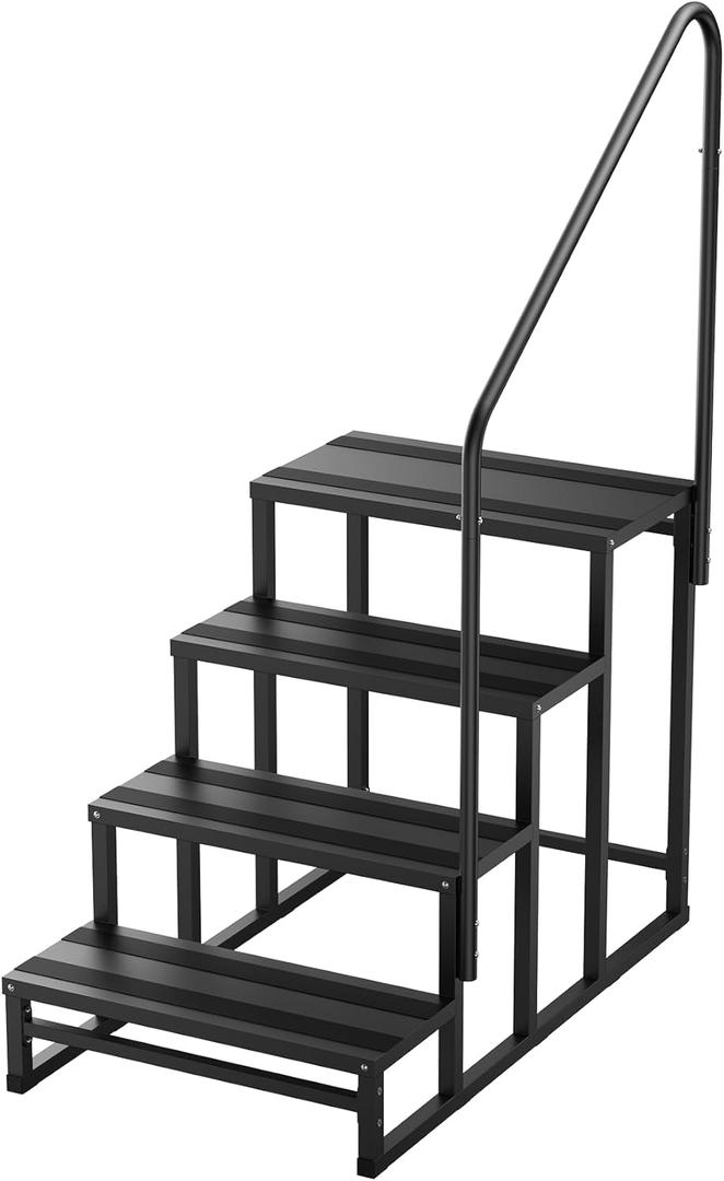 YOLANDO RV Steps with Handrail, 4 Steps RV Stairs w/Handrail for Elderly & Kids, Wide Platform for Hot Tub, Camper, Mobile Home, Porch, Pool, SPA, Pet Stairs, Outdoor and Indoor Use