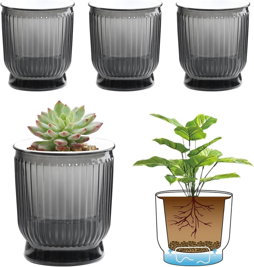 T4U 4 Inch Self Watering Plant Pot, 4 Pack Self Watering Pots, Small Self Watering Planter with Reservoir for Indoor Plants, African Violets (4 Pack 4" Pots, Translucent Gray)