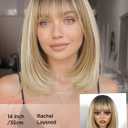 FANCEE Highlight Blonde Layered Wigs with Bangs 14 Inch Short Ombre Blonde Balayage Glueless Ready-to-Go Straight Synthetic Bob Wigs for Women Realistic Scalp Dark Roots Daily Cosplay Use
