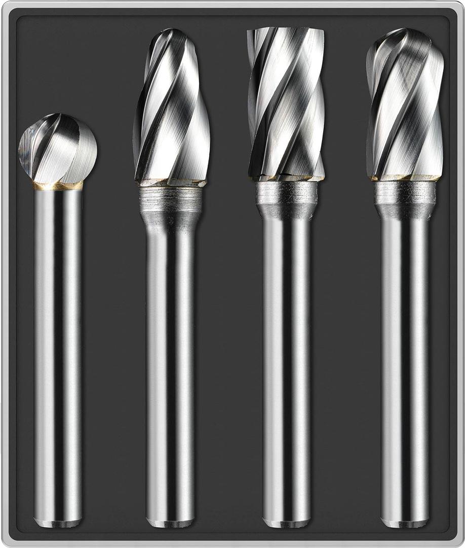 4Pcs Carbide Burr Set 1/4 Shank Aluminum Cut (Wide-Flute Cut) Die Grinder Bits Rotary Tools Attachment Kit Rasp File Accessories Metal Wood Stone Steel Grinding Deburring Cutting Porting Carving