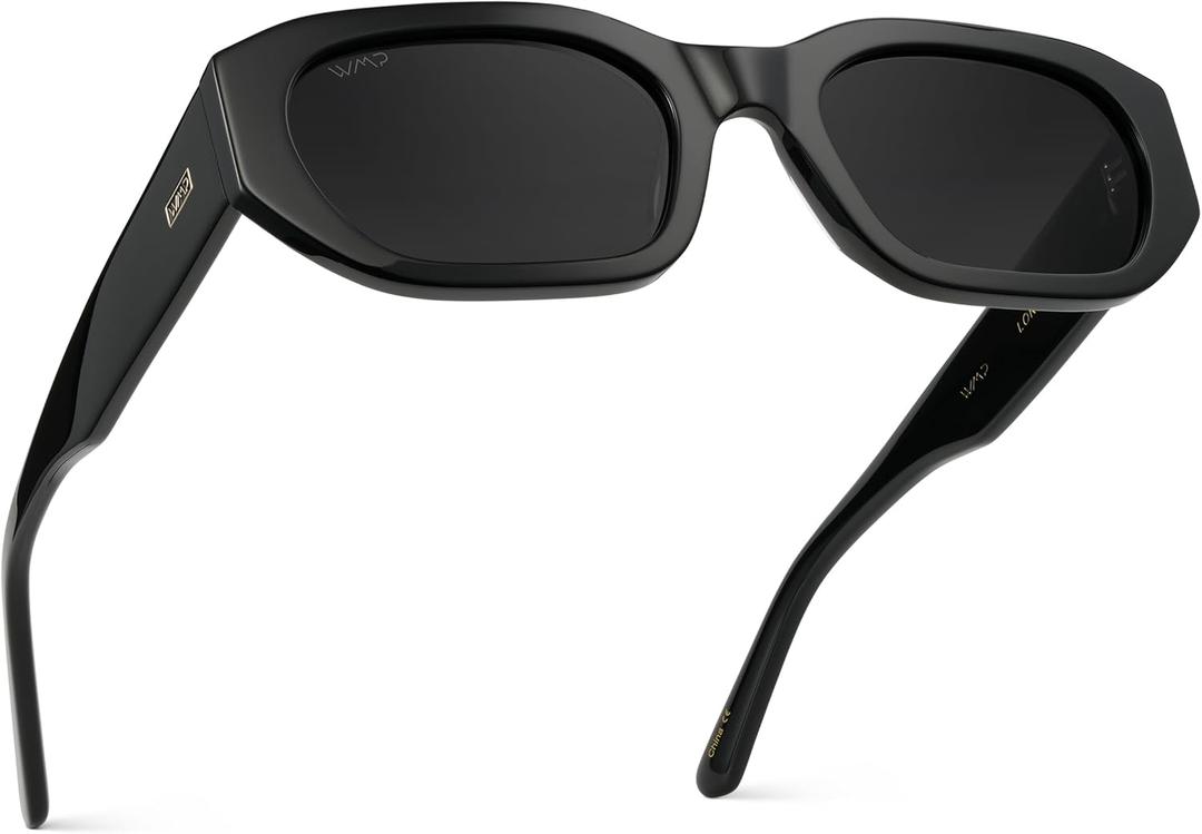 WearMe Pro - Women's Chunky Narrow Rectangular Sunglasses - Polarized, Lightweight Acetate, 100% UV Protection (Black Frame / Black Lens)