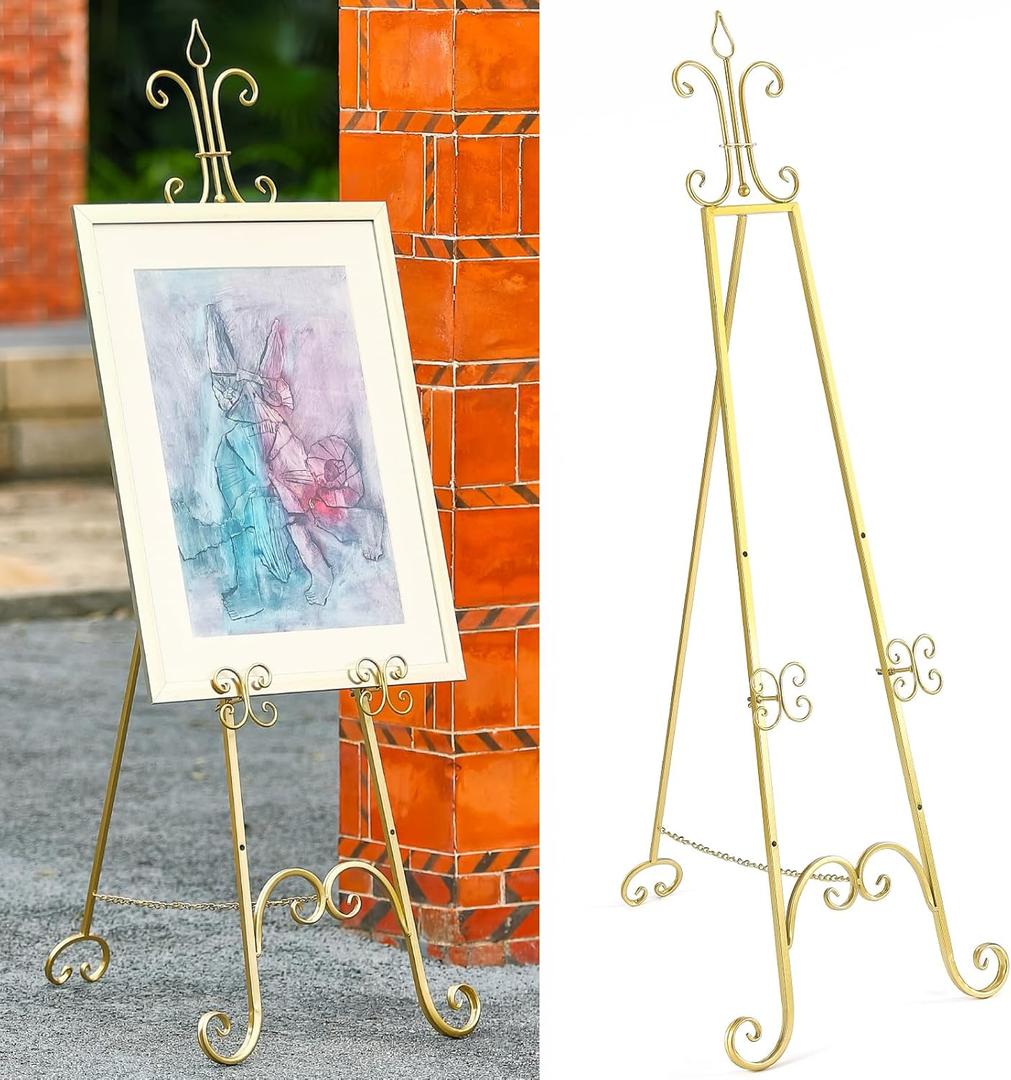 20"L x 26.75"W x 56.5"H Large Easel Stand for Display, Adjustable Heigh Metal Gold Easel Stand with Chain Support, Heavy Duty Easel for Mirror, Sign, Wedding, Picture Frame. (No Installation Required)