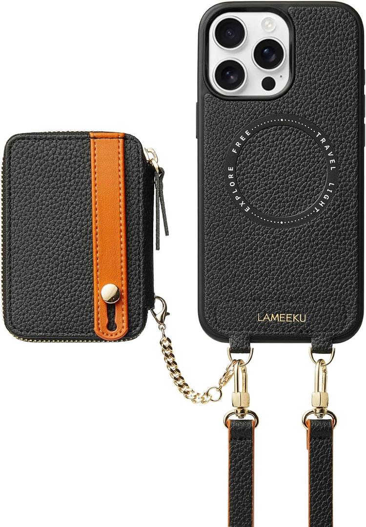 LAMEEKU for iPhone 16 Pro Case Wallet for Magsafe, Magnetic Card Holder Leather Crossbody Case with Phone Grip Stand for Women for iPhone 16 Pro 6.3'' Black