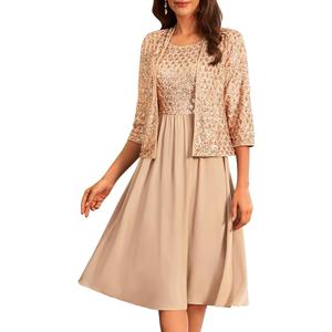 Formal Mother of The Bride Dresses Formal Wedding Party Dress Two Piece Dress with Chiffon Jacket Champagne, Size: M