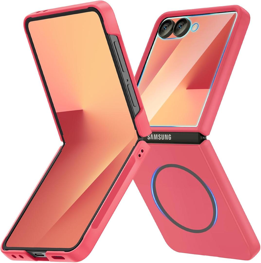 Ruky for Z Flip 7 Slim Case with Screen Protector, Full Body Cover Anti-Scratches Shockproof Hard PC Ultra-Thin, Protective Magnetic Phone Cover for Samsung Galaxy Z Flip 7 5G, Coralred