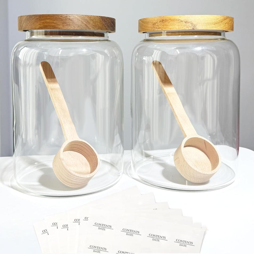 Large Glass Jars with Airtight Wood Lid and Spoon Flour Container Food Glass Jar for Kitchen Storage Canisters for Tea, Spice, Egg, Coffee, Storage Jar Sets (75 Oz, 2200ml)