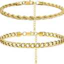 2PCS Ankle Bracelets for Women - Gold/Silver Plated Stainless Steel Anklets Set - Waterproof Layered Cuban Link Chain Anklet Bracelet Summer Beach Foot Jewelry Gifts for Women, 8.5inches