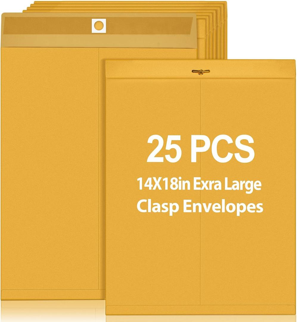 25 Pcs Manilla Envelopes 14 x 18 Inch Large Clasp Envelope Catalog Envelopes with Clasp Closure for Mailing Thick Documents Home, Business, Legal or School Storing Mailing (Golden)