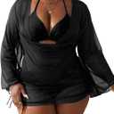 WODECASA Women's Plus Size 3 Piece Swimsuits Halter Triangle Bikini Set with Drawstring Semi Sheer Cover Up Bathing Suit (4X-Large, 185 Black)