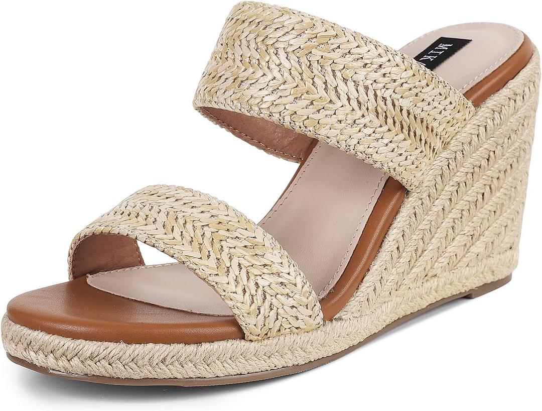 mikarka Slip On Wedge Sandals for Women Open Toe Espadrilles Platform Slides Dressy High Heel Beach Summer Sandal Comfortable Wedges Shoe Mules (8, Natural Raffia)