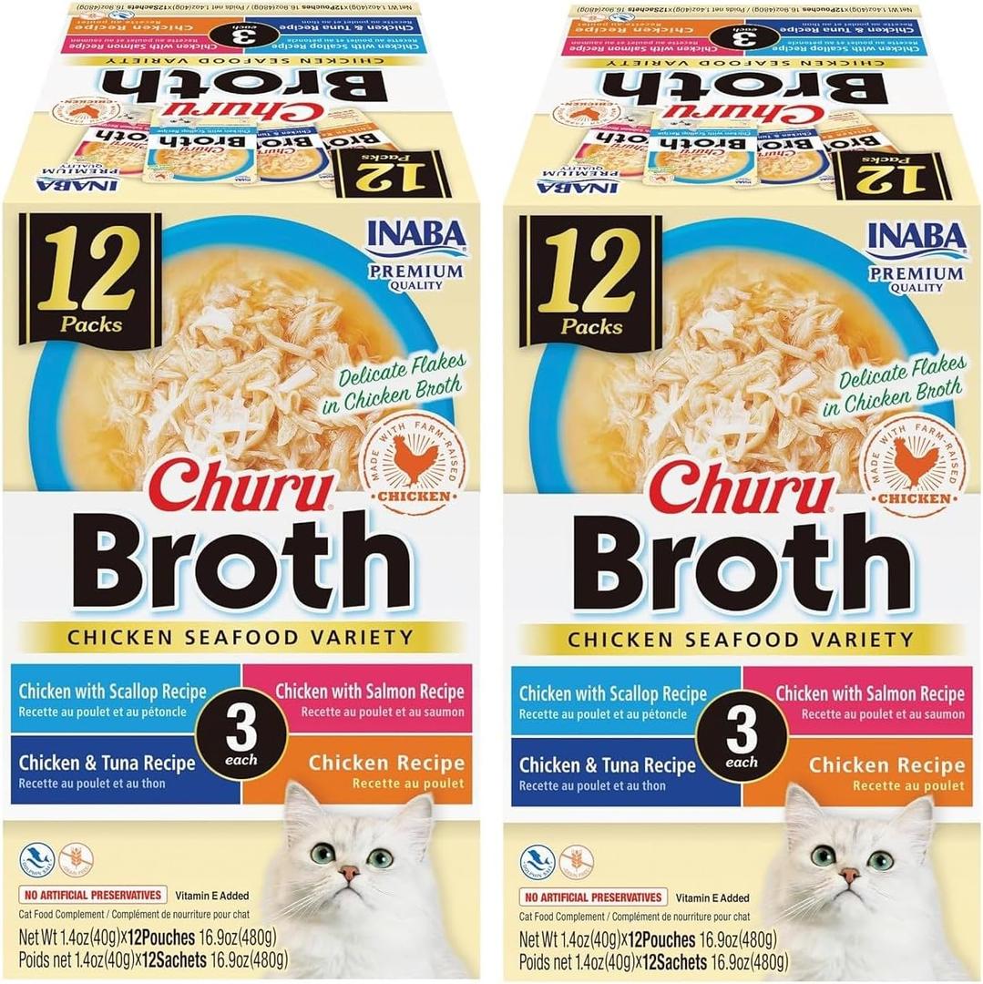 INABA Churu Broth for Cats, Creamy Broth with Shredded Chicken Side Dish Pouch, 1.4 Ounces per Pouch, 24 Pouches Total, Chicken & Seafood Variety