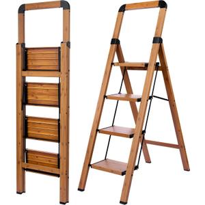 BIBKOKE Step Ladders Folding 4-Step Woodgrain Finish Aluminum Foldable Step Stool, Anti-Slip Portable Sturdy for Home & Kitchen Office 330 lbs