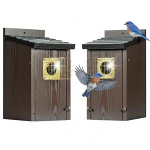 2pk Fortress Bluebird House for Outdoor Clearance - Mesh Cage Predator Guard - Metal Base & Brass Guard - Cedar Birdhouse for Bluebirds, Finches, Swallows Carbonized Outdoor 5 Years Usage 6"x7"