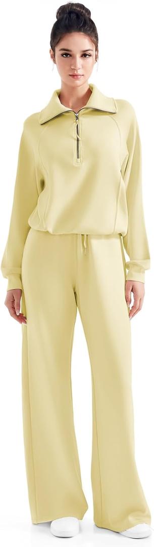 SUUKSESS Women 2 Piece Lounge Matching Set Wide Leg Sweatpant Half Zip Sweatshirt (Small, Yellow)