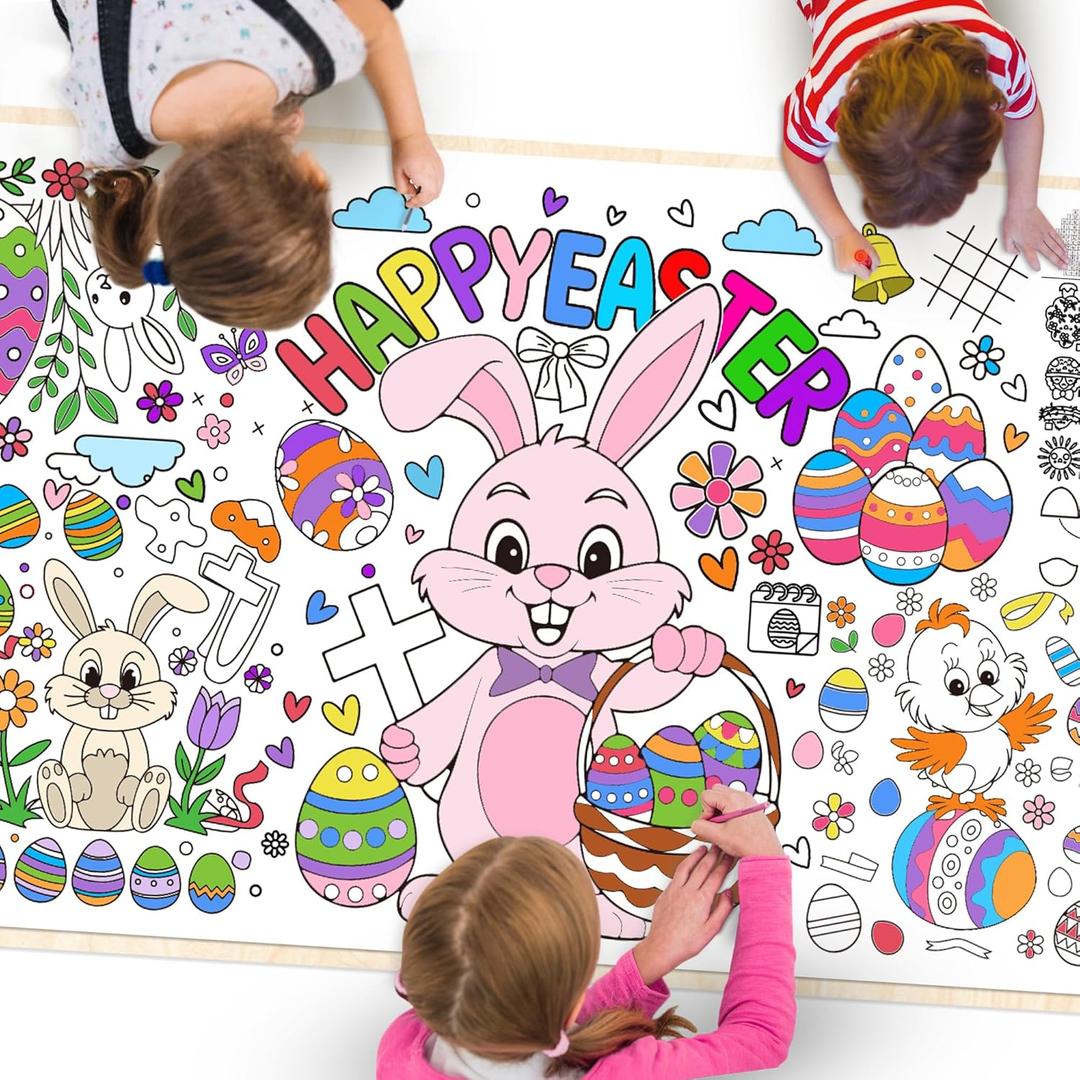 3 x Easter Giant Coloring Tablecloth 72 x 31 Inch Jumbo Paper Coloring Activity Poster Happy Easter Party Decorations for Family Classroom Games Coloring Table Cover