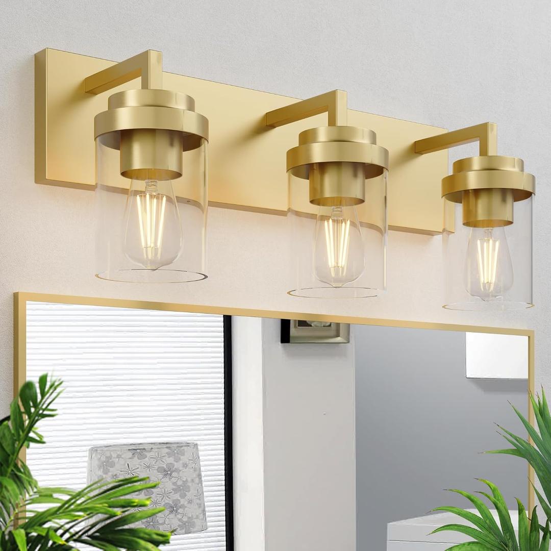Bathroom Lighting Fixtures, 3-Light Bathroom Vanity Lights Over Mirror, Brass Vanity Light with Glass Shade, Modern Vanity Lighting Fixtures for Bedroom, Hallway