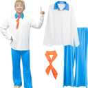 Halloween Costume for Men Shirt and Pants Set with Orange Scarf Classic Movie Outfits Cosplay (X-Large, White Blue)