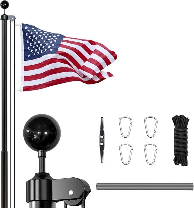 iElyiEsy 25FT Telescopic Flag Pole Kit – Black Outdoor Flagpole with 3x5 FT US Flag, PVC Sleeve, Tangle-Free Rings, Aluminum Clips, Black Ball Top, Bottom Bug-Proof Cap – For House, Yard, Garden
