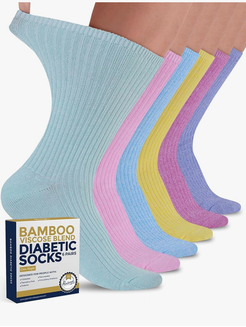 Pembrook Ribbed Knit Bamboo Viscose Diabetic Socks - 6 Pairs Crew Neuropathy Socks for Women | Diabetic Socks for Women
