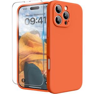 for iPhone 16 Pro Case, Liquid Silicone Case with Camera Protection Soft Gel Rubber Cover with Microfiber Lining Shockproof Protective Phone Case for iPhone 16 Pro 6.3", Neon Orange