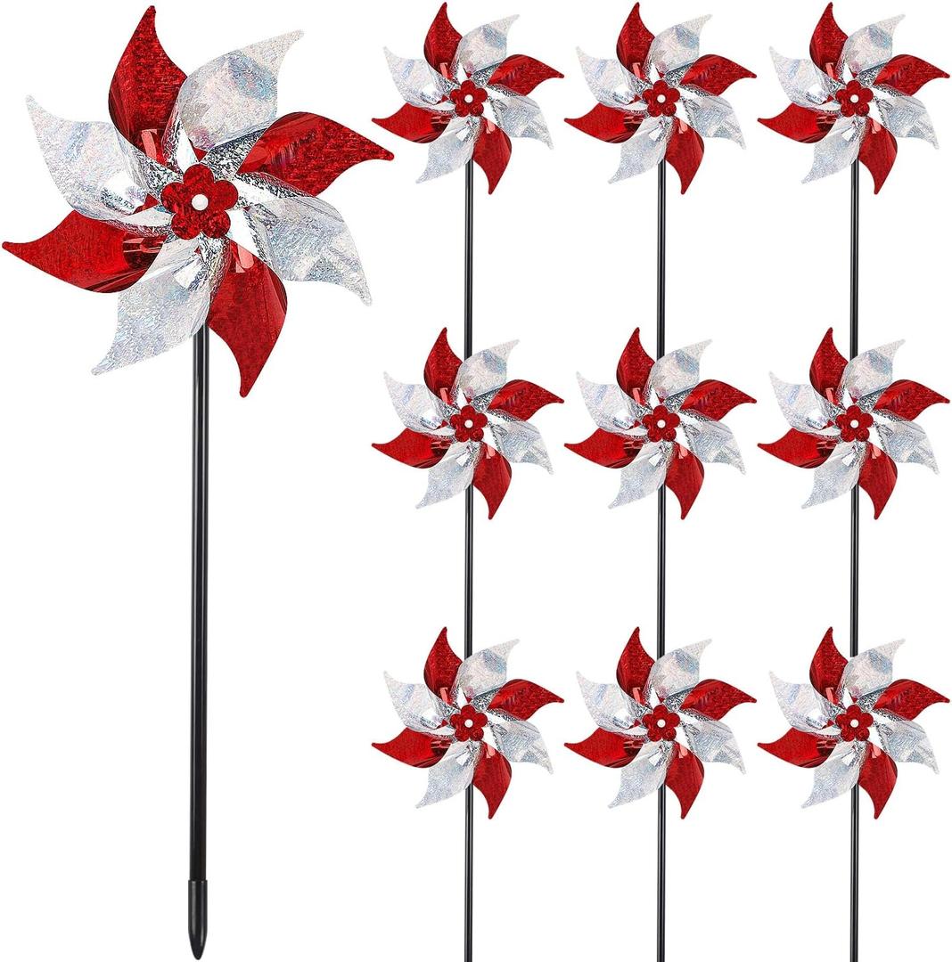 Hausse 10 Pack Reflective Pinwheels, Extra Sparkly Wind Sculptures for Garden Christmas Holiday Winter Decor, Bird Devices Deterrent to Scare Birds Away from Yard Patio Farm, Red & Silver
