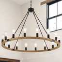 Farmhouse 16-Light Natural Wood Wagon Wheel Chandelier 43.3, Black Metal Pendant Chandeliers Wooden Vintage Rustic Light Fixtures Industrial for High Ceiling Living Dining Room Foyer Villa