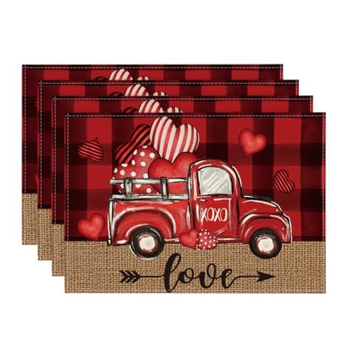 Artoid Mode Valentine Placemats Set of 4, 12x18 Inch Black Red Buffalo Plaid Hearts Truck Love Table Mats for Party Kitchen Dining Decoration