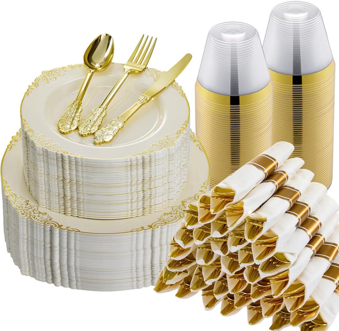 Bestluck 350PCS Ivory Plastic Plates for 50 Guests, Disposable Dinnerware Sets Include 100 Gold Rim Plastic Plates, 50 Silverwares, 50 Cups, and 50 Pre Rolled Napkins for Party, Wedding, Graduation
